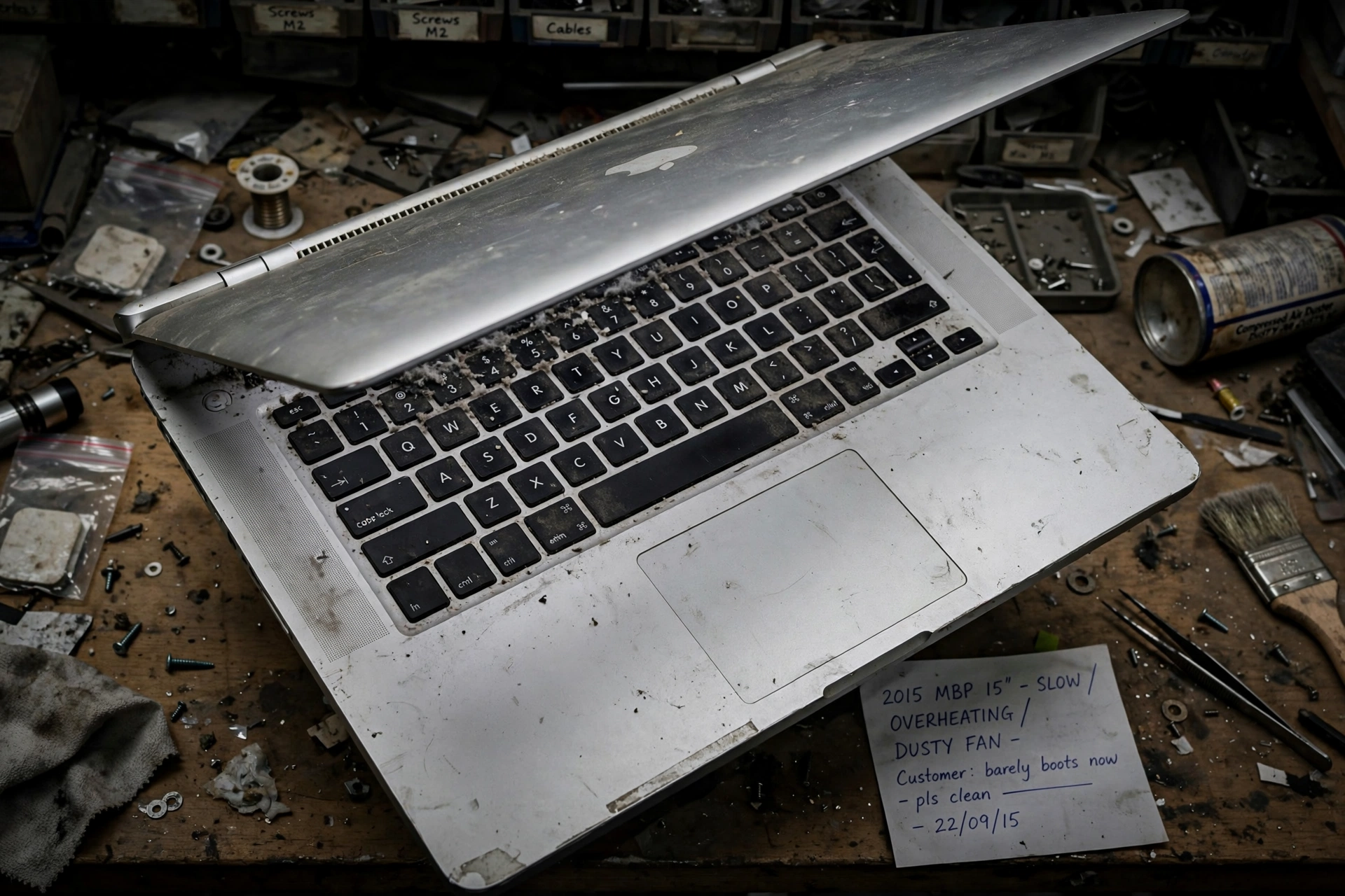 The laptop as it arrived: stalled boot, cracked panel, dust in the vents.